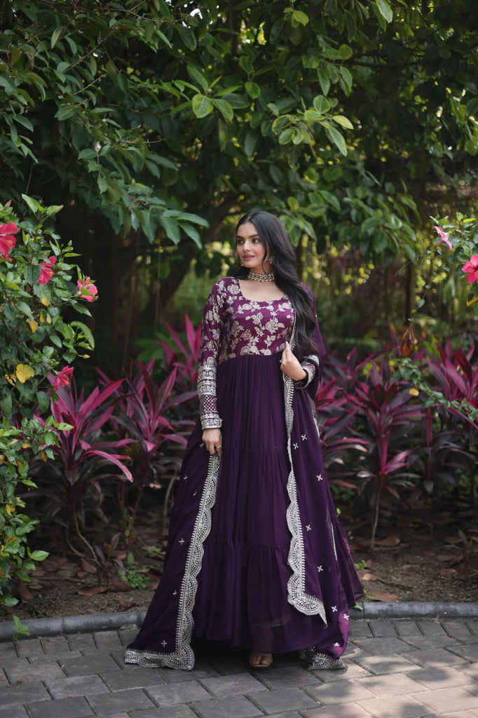 Attractive Wine Color Sequence Work Anarkali Gown With Dupatta