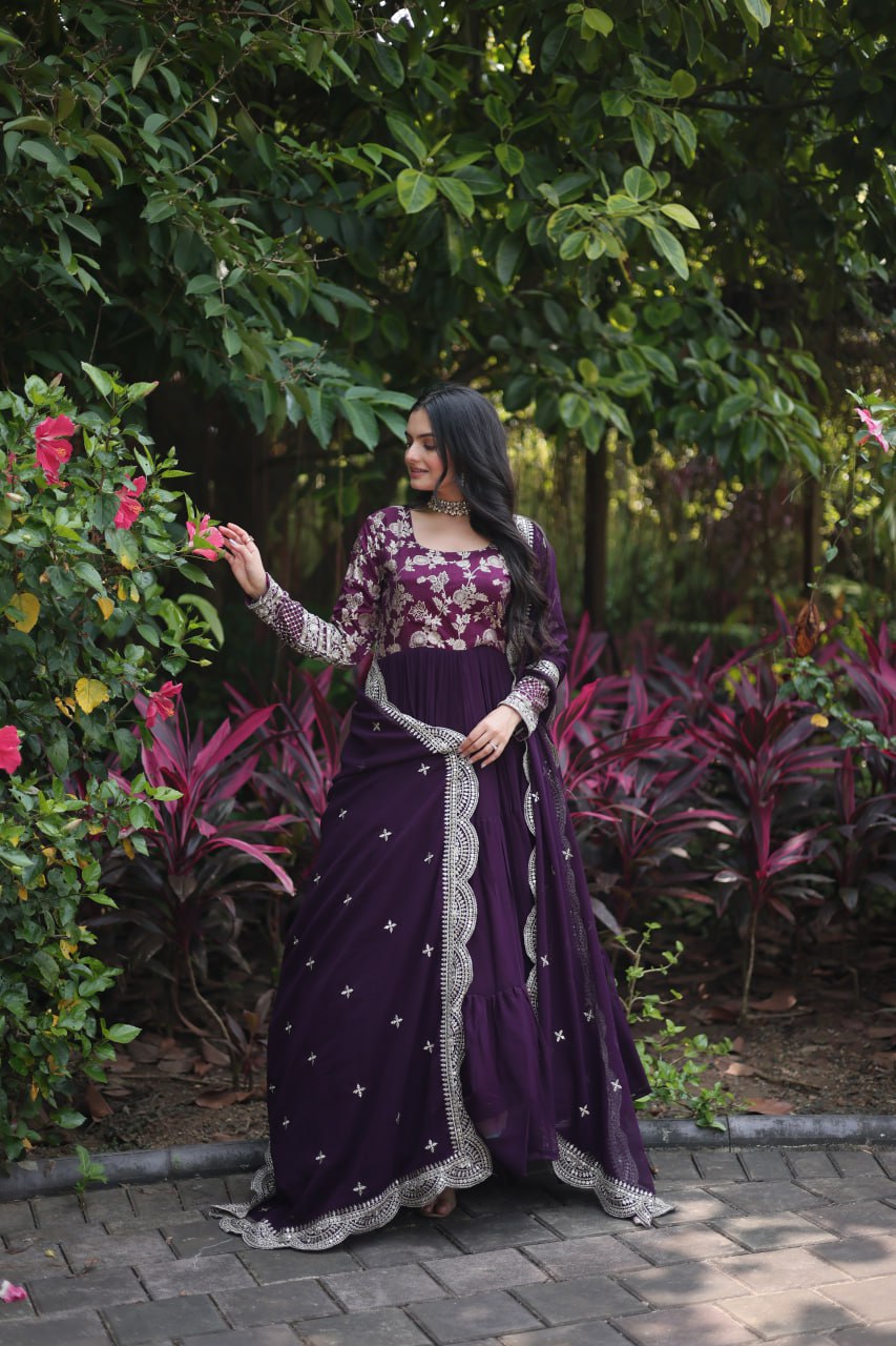Attractive Wine Color Sequence Work Anarkali Gown With Dupatta
