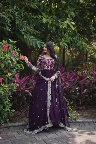 Attractive Wine Color Sequence Work Anarkali Gown With Dupatta
