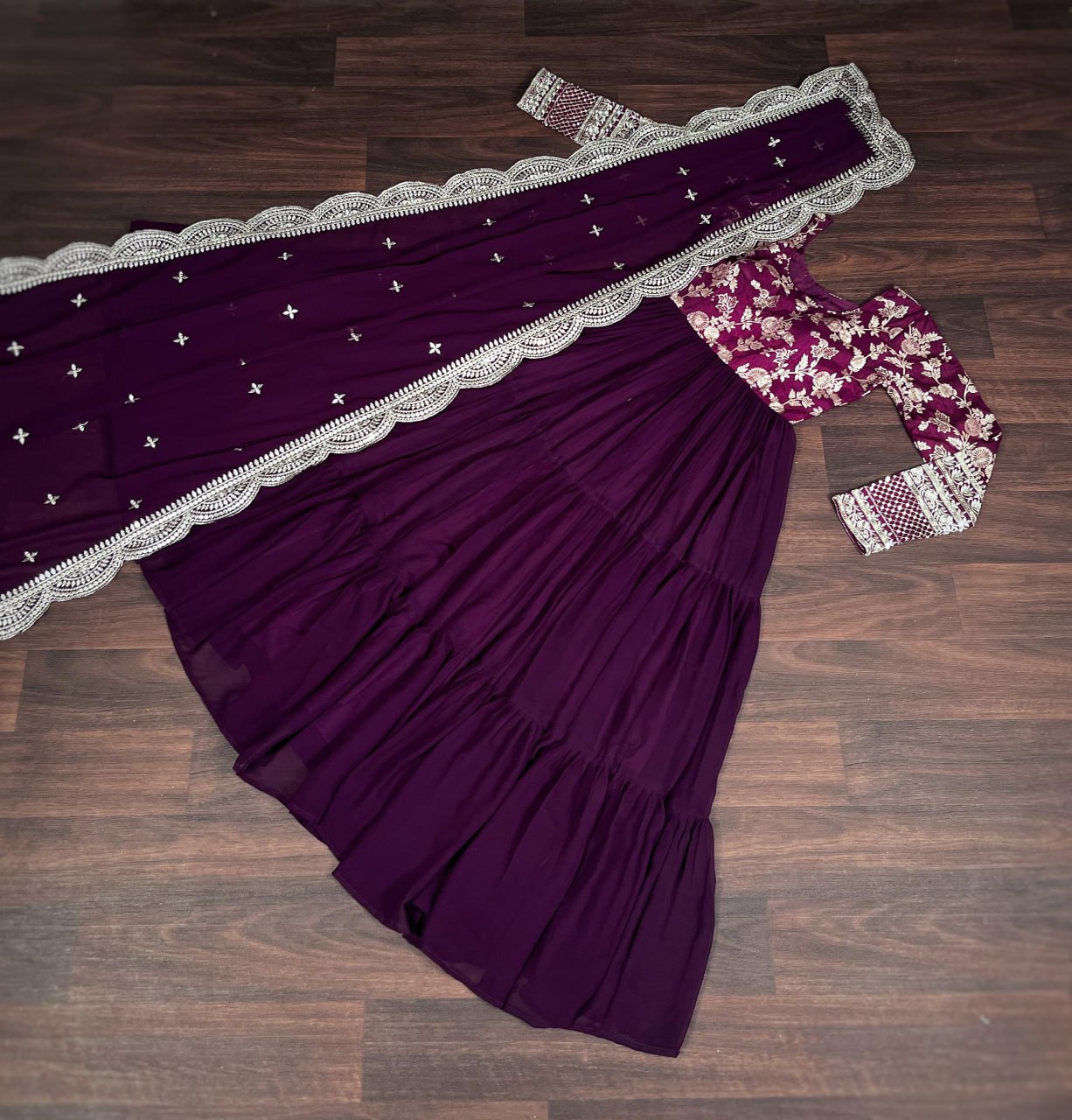 Attractive Wine Color Sequence Work Anarkali Gown With Dupatta
