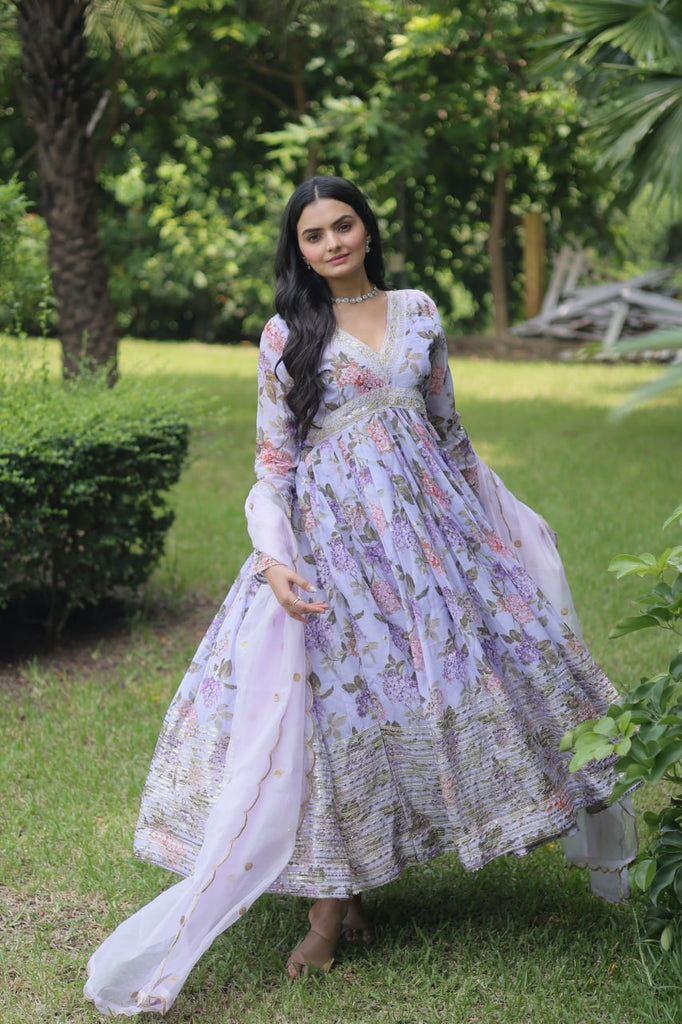 Lavender Color Digital Print With Embroidery Work Anarkali Gown Clothsvilla