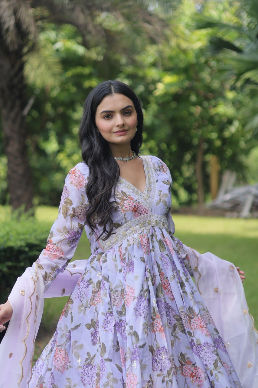 Lavender Color Digital Print With Embroidery Work Anarkali Gown Clothsvilla