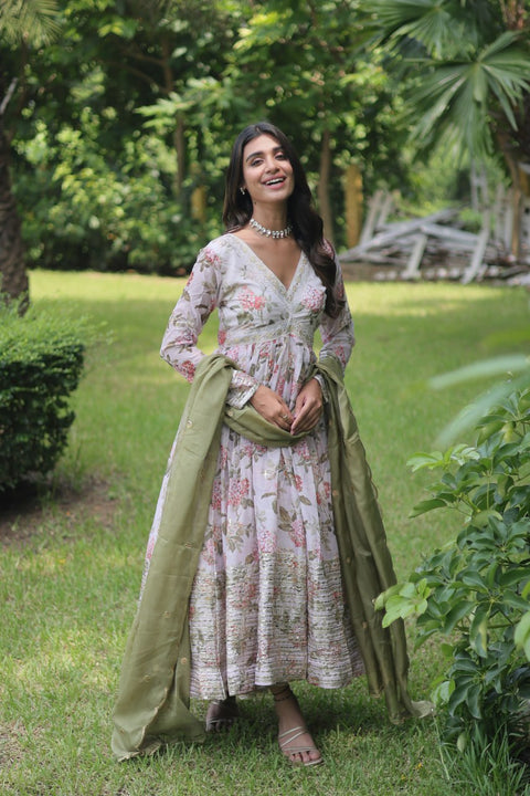 Mehendi Color Digital Print With Embroidery Work Anarkali Gown Clothsvilla Main image