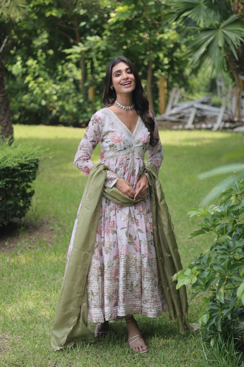 Mehendi Color Digital Print With Embroidery Work Anarkali Gown Clothsvilla