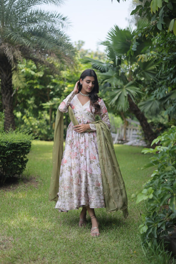 Mehendi Color Digital Print With Embroidery Work Anarkali Gown Clothsvilla