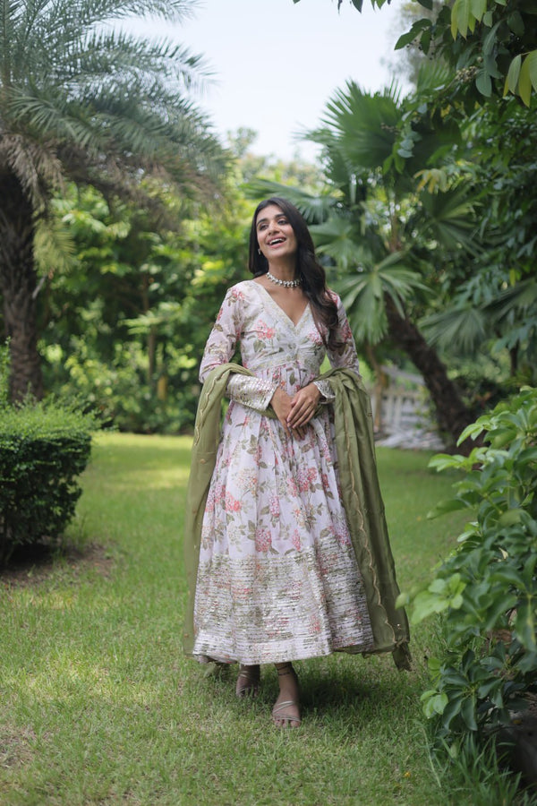 Mehendi Color Digital Print With Embroidery Work Anarkali Gown Clothsvilla