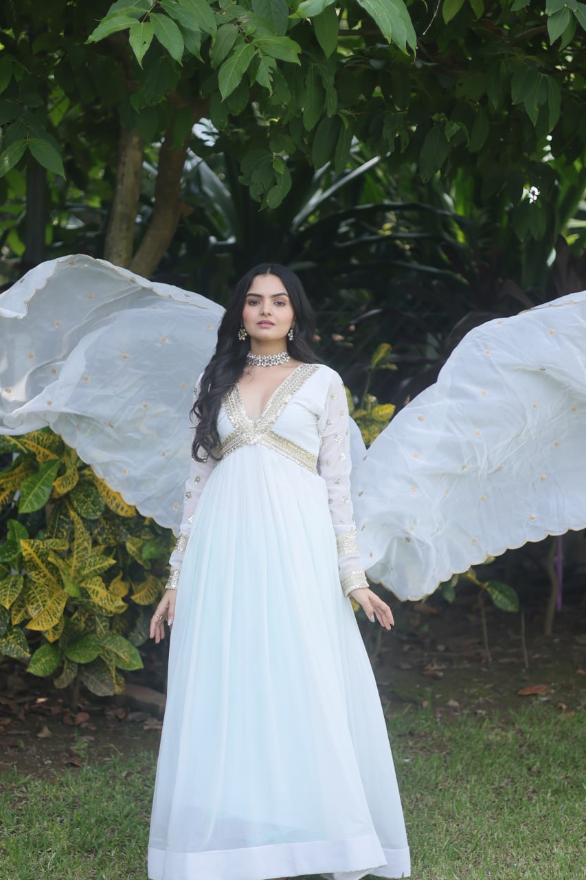 Flattering White Color Embroidery Zari Sequence Work Gown With Dupatta Clothsvilla