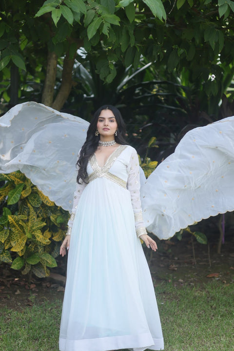 Flattering White Color Embroidery Zari Sequence Work Gown With Dupatta Clothsvilla Main image