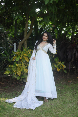 Flattering White Color Embroidery Zari Sequence Work Gown With Dupatta Clothsvilla