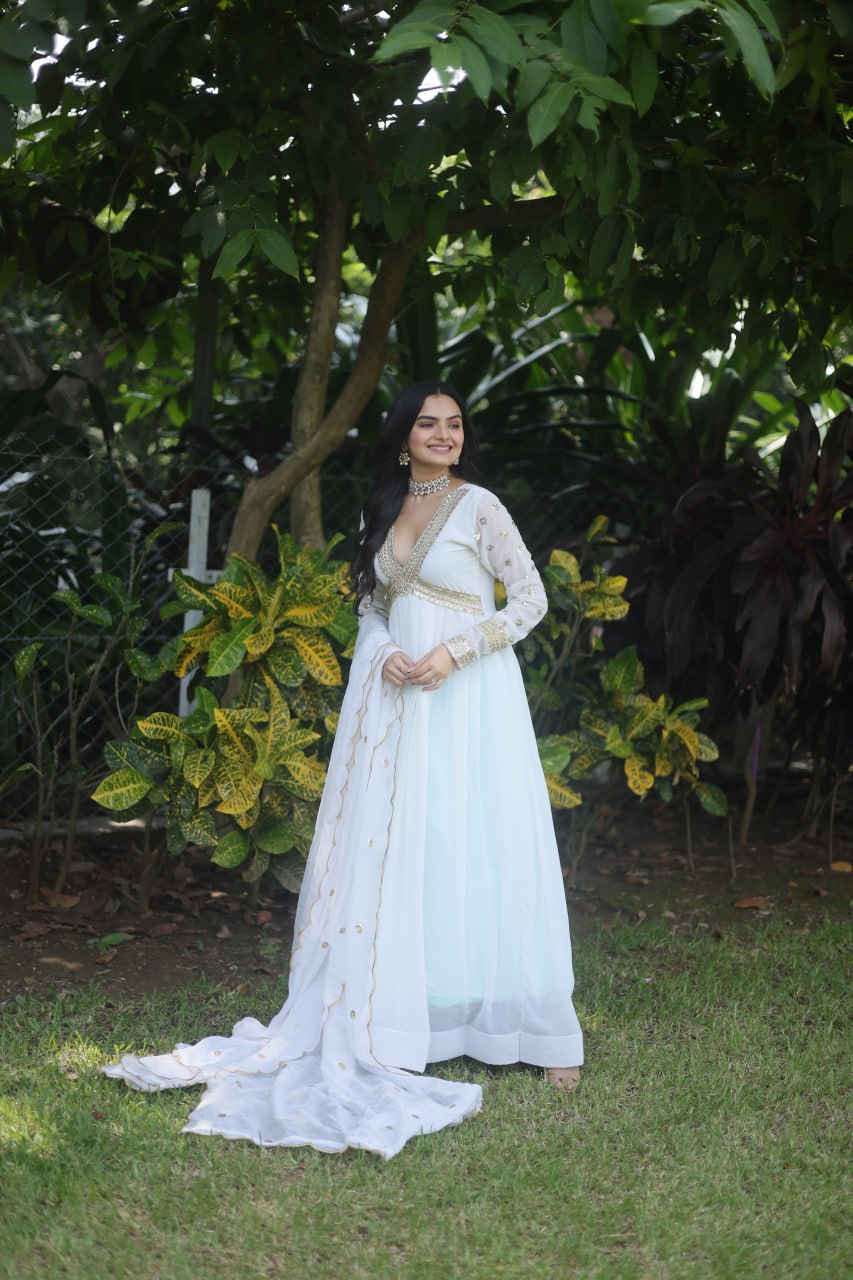 Flattering White Color Embroidery Zari Sequence Work Gown With Dupatta Clothsvilla
