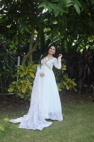 Flattering White Color Embroidery Zari Sequence Work Gown With Dupatta Clothsvilla