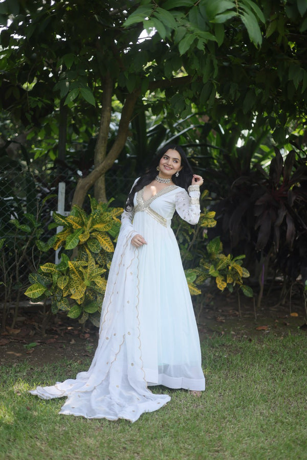 Flattering White Color Embroidery Zari Sequence Work Gown With Dupatta Clothsvilla