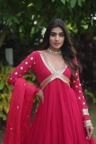 Flattering Pink Color Embroidery Zari Sequence Work Gown With Dupatta Clothsvilla