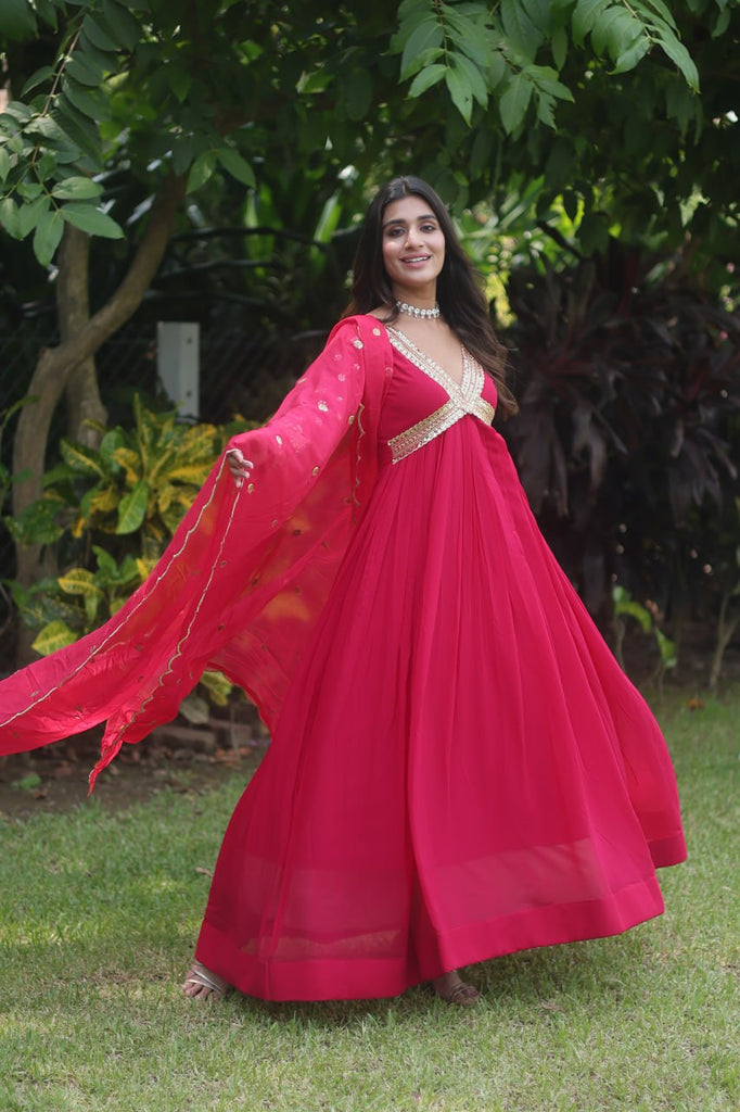 Flattering Pink Color Embroidery Zari Sequence Work Gown With Dupatta Clothsvilla