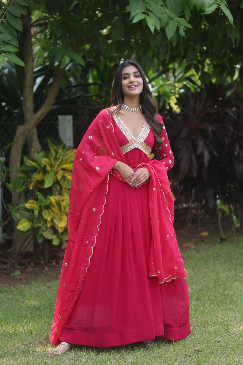 Flattering Pink Color Embroidery Zari Sequence Work Gown With Dupatta Clothsvilla