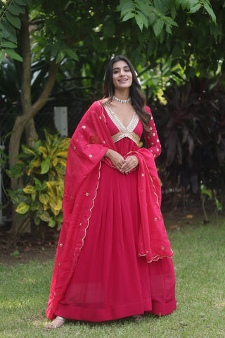 Flattering Pink Color Embroidery Zari Sequence Work Gown With Dupatta Clothsvilla