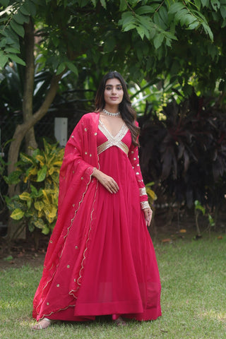 Flattering Pink Color Embroidery Zari Sequence Work Gown With Dupatta Clothsvilla