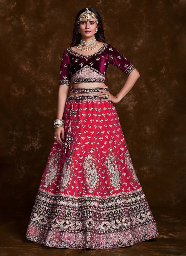 Pink Art Silk Thread, Zari & Dori Work Lehenga with Velvet Blouse Clothsvilla