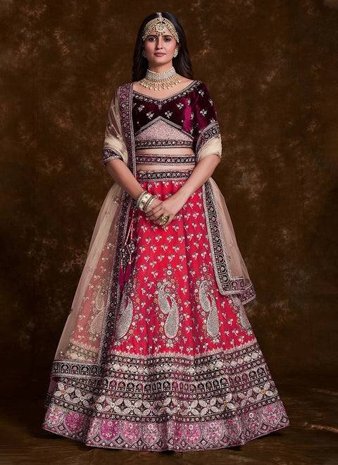 Pink Art Silk Thread, Zari & Dori Work Lehenga with Velvet Blouse Clothsvilla Main image