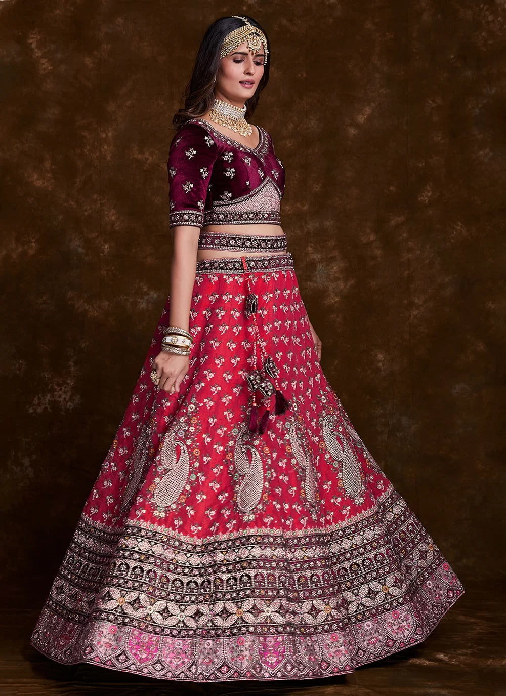 Pink Art Silk Thread, Zari & Dori Work Lehenga with Velvet Blouse Clothsvilla