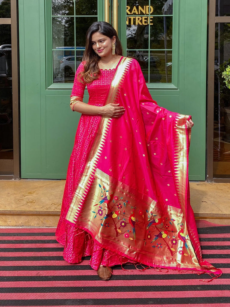 Pink Color Weaving Work Jacquard Silk Gown Clothsvilla