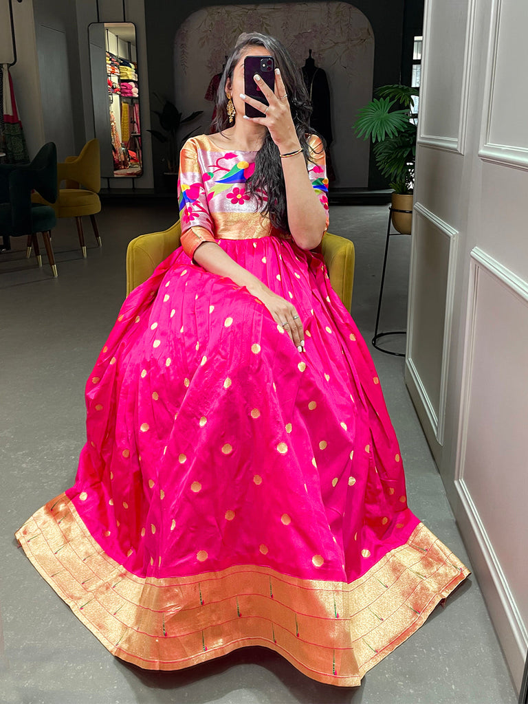 Pink Color Weaving Zari Work Jacquard Silk Paithani Gown Clothsvilla