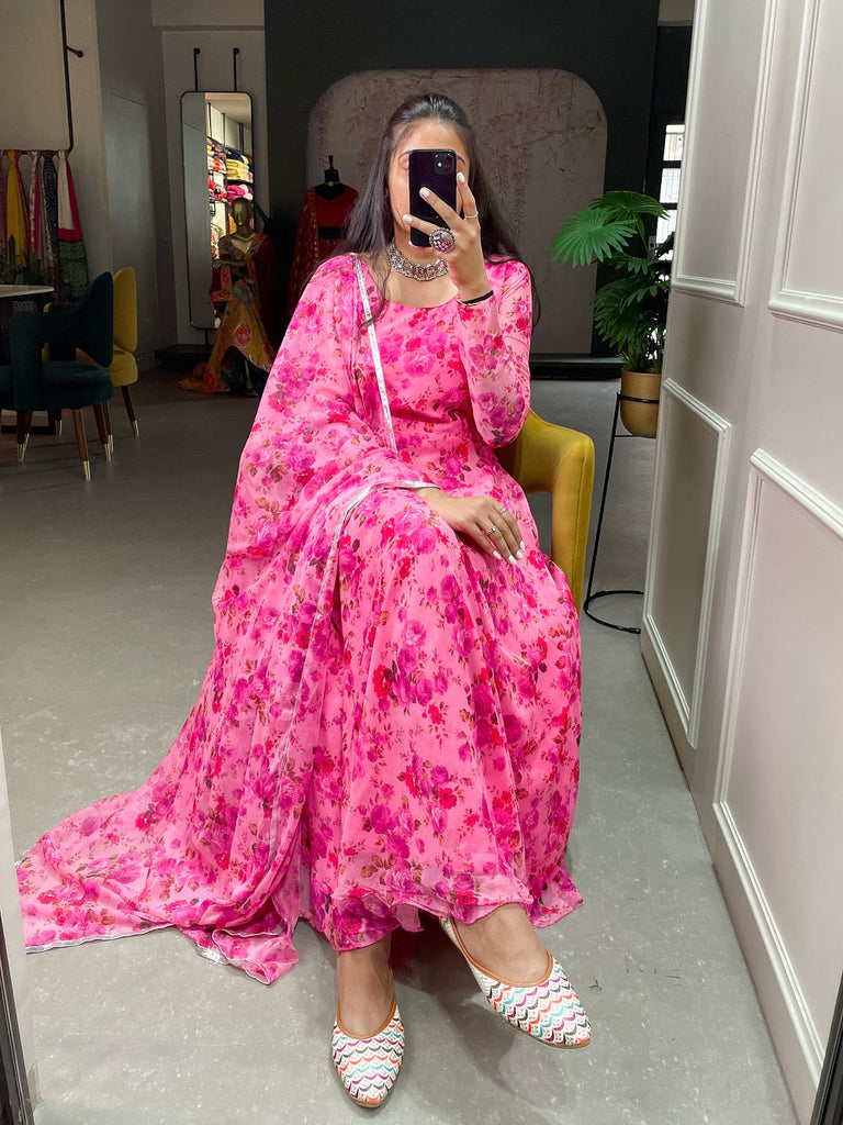 Pink Color Floral Printed Anarkali Style Chiffon Kurti Clothsvilla