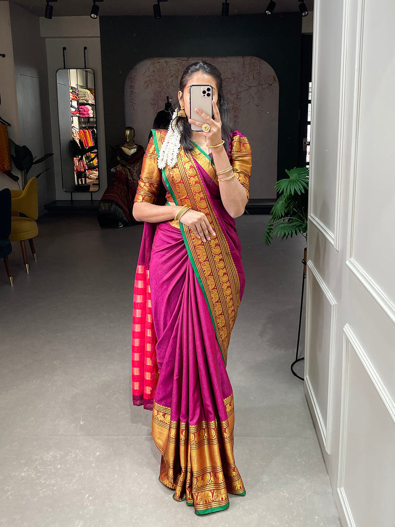 Pink Color Zari Weaving Work Narayan Pet Saree Clothsvilla