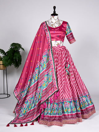 Pink Color Patola Print and Sequins Embroidery Chinon Lehenga Choli ClothsVilla