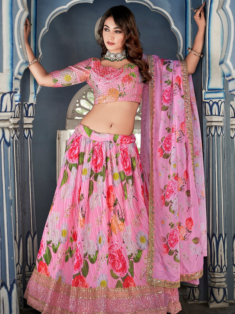 Pink Color Digital Print With Sequins Embroidery Work Crushed Chinon Lehenga Choli ClothsVilla.com