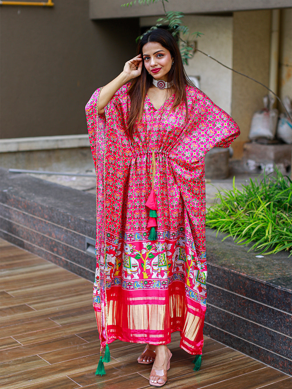 Pink Color Bandhej Digital Print Pure Gaji Silk Kaftan Clothsvilla
