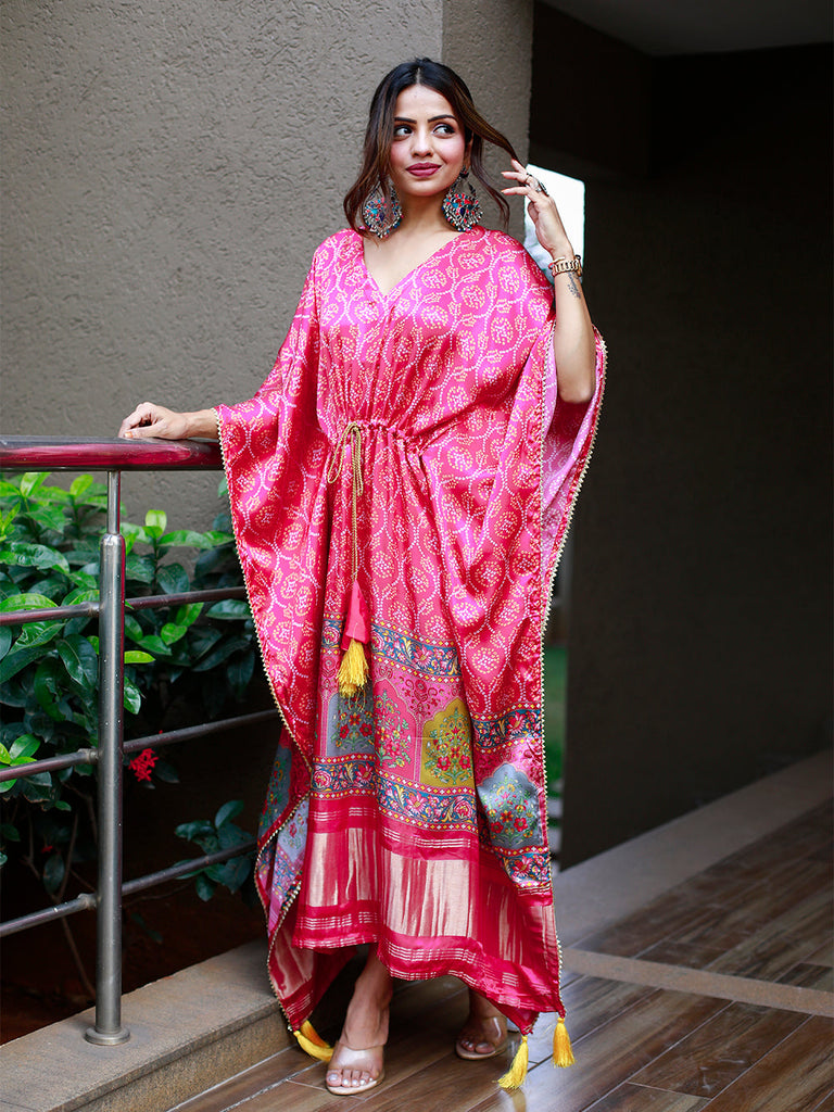 Pink Color Digital Print Pure Gaji Silk Kaftan Clothsvilla