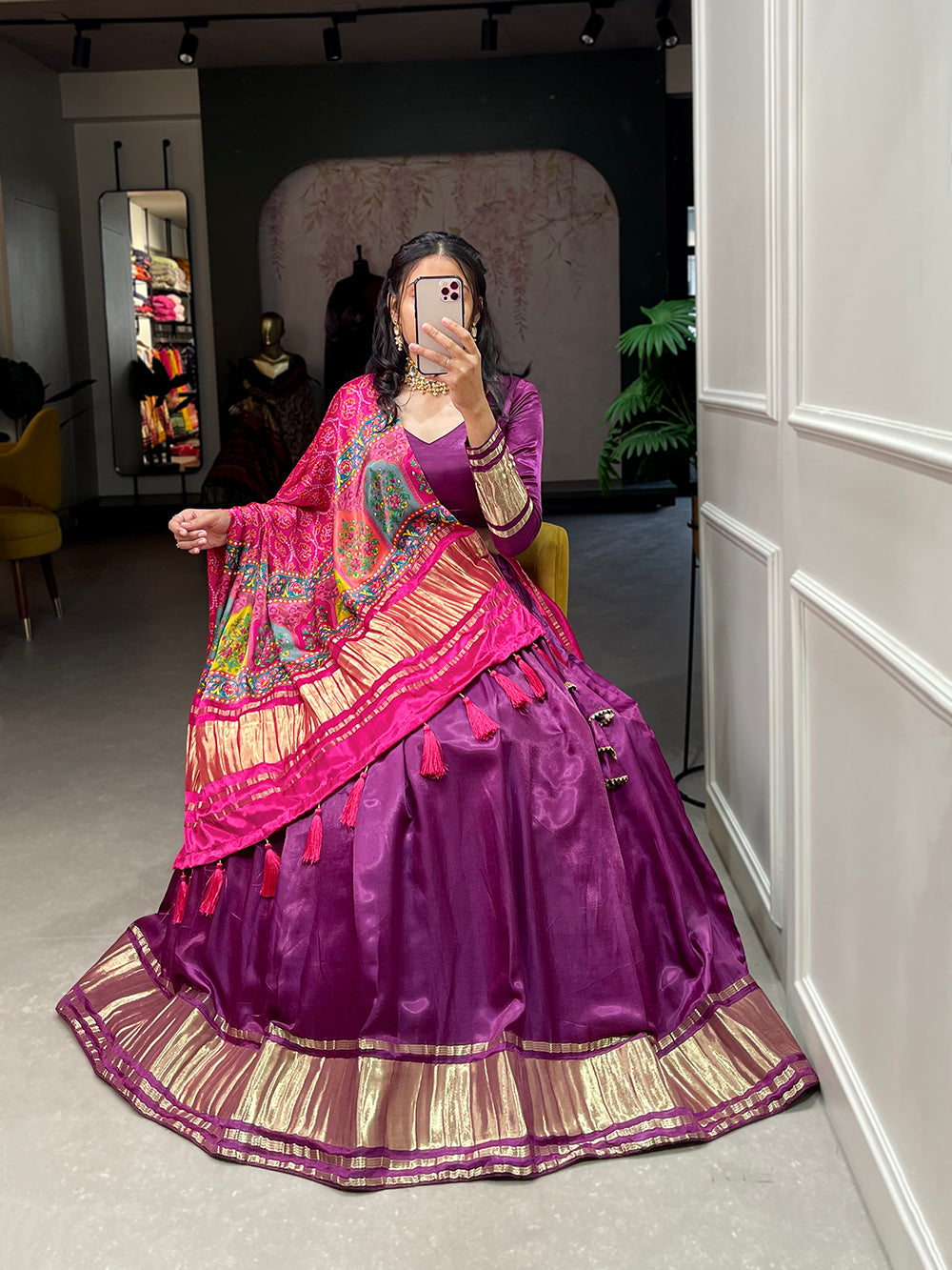 Purple Color Dyeing With Lagdi Patta Gaji Silk Lehenga Choli ClothsVilla.com