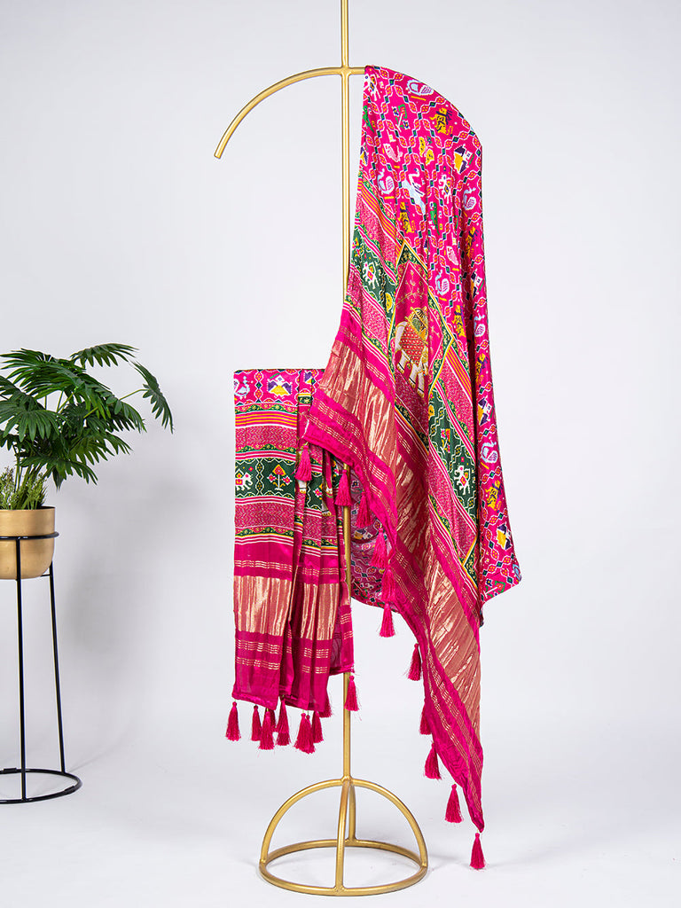Pink Color Digital Printed Pure Gaji Silk Dupatta With Tassels Clothsvilla