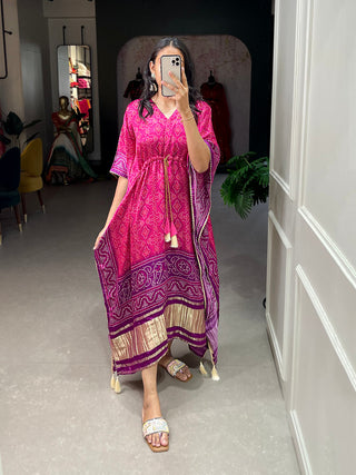 Pink Color Bandhej Printed Gaji Silk Kaftan ClothsVilla.com