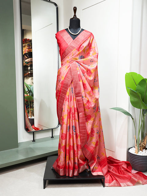 Pink Color Digital Printed Handloom Kotha Border Saree Clothsvilla Main image