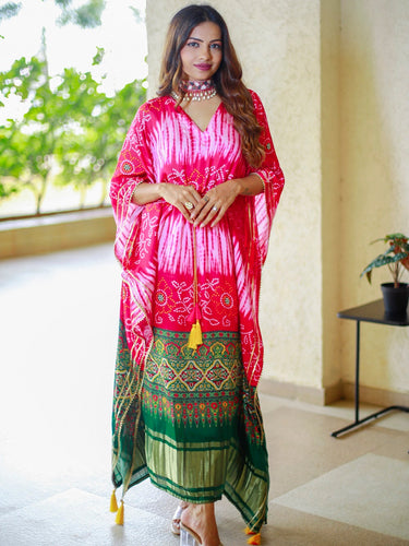 Pink Color Digital bandhej Printed Pure Gaji Silk Kaftan Dress Clothsvilla
