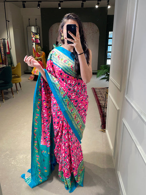 Pink Color Patola Paithani Printed with Foil Work Dola Silk Saree Clothsvilla Main image