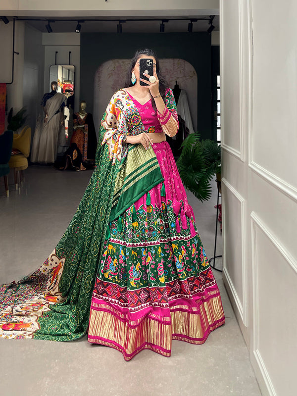 Pink Color Digital Printed With Lagadi Patta Gaji Silk Lehenga Choli Clothsvilla