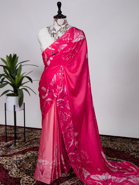 Pink Color Printed Digital Satin Silk Saree Clothsvilla Main image