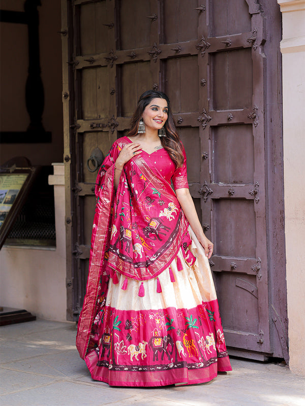 Pink Color Printed With Foil Work Dola Silk Lehenga Choli ClothsVilla.com