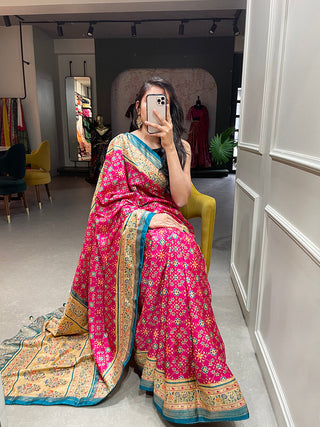 Pink Color Foil Printed And Stone Work Dola Silk Saree Clothsvilla
