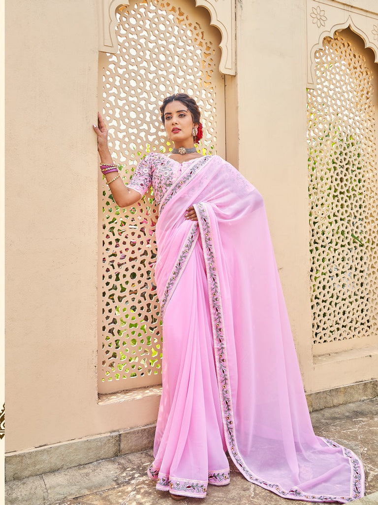 Pink Color Thread And Sequins Embroidery Border Georgette Saree Clothsvilla