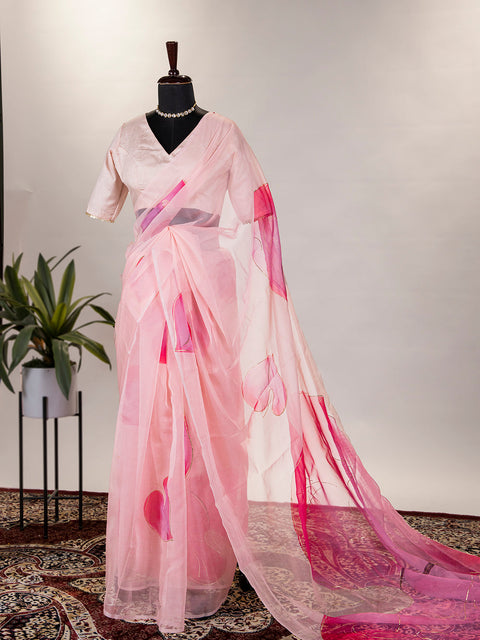 Pink Color Floral & Foil Print Organza Saree Clothsvilla Main image