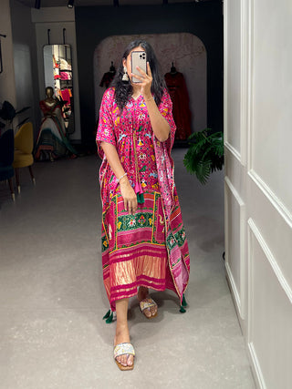 Pink Color Ikkat Patola Printed Gaji Silk Kaftan ClothsVilla