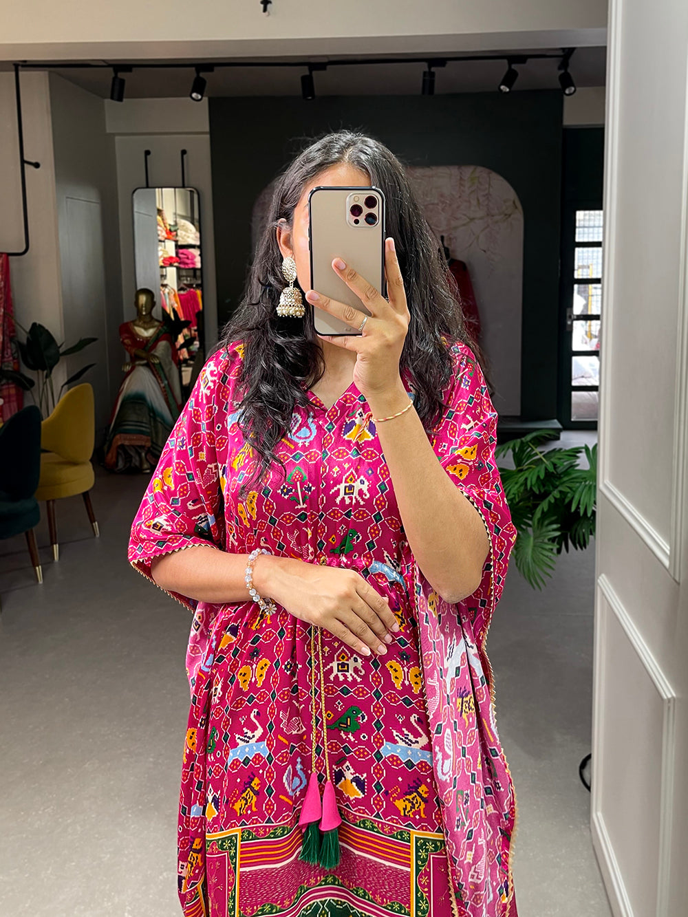 Pink Color Ikkat Patola Printed Gaji Silk Kaftan ClothsVilla