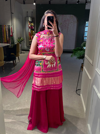 Pink Color Printed and Handwork Gaji Silk Kurti Plazo Set Clothsvilla