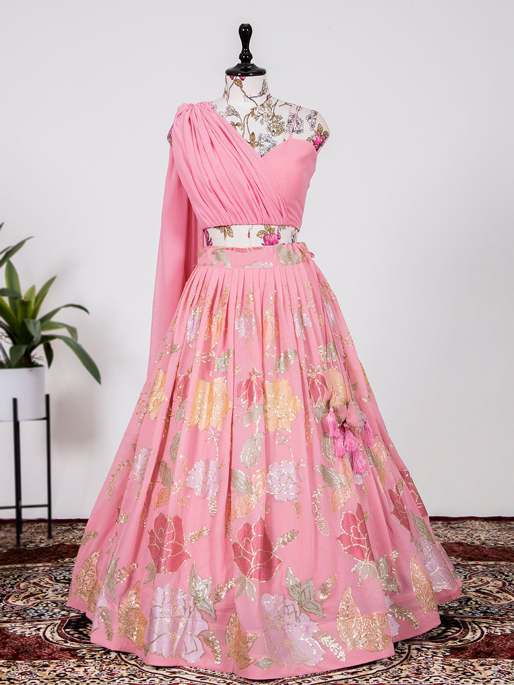 Pink Color Thread And  Sequins Embroidery Work Georgette Lehenga Choli Clothsvilla