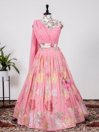 Pink Color Thread And  Sequins Embroidery Work Georgette Lehenga Choli Clothsvilla