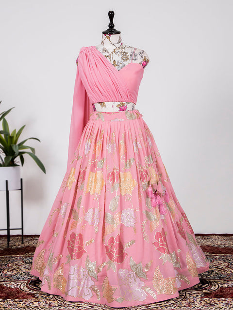 Pink Color Thread And  Sequins Embroidery Work Georgette Lehenga Choli Clothsvilla Main image